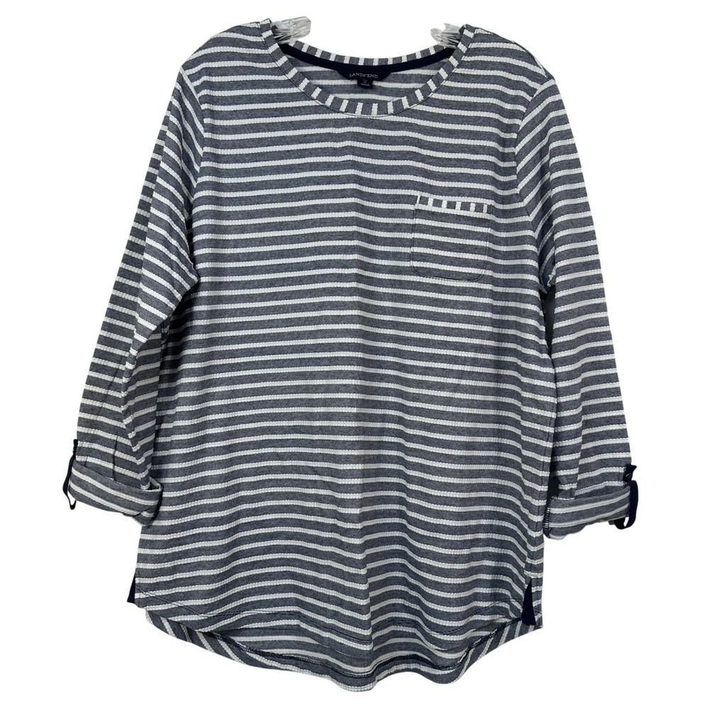 Lands End Womens XL 18 Navy White Striped Waffle Knit Roll Tab Sleeve Top Pocket